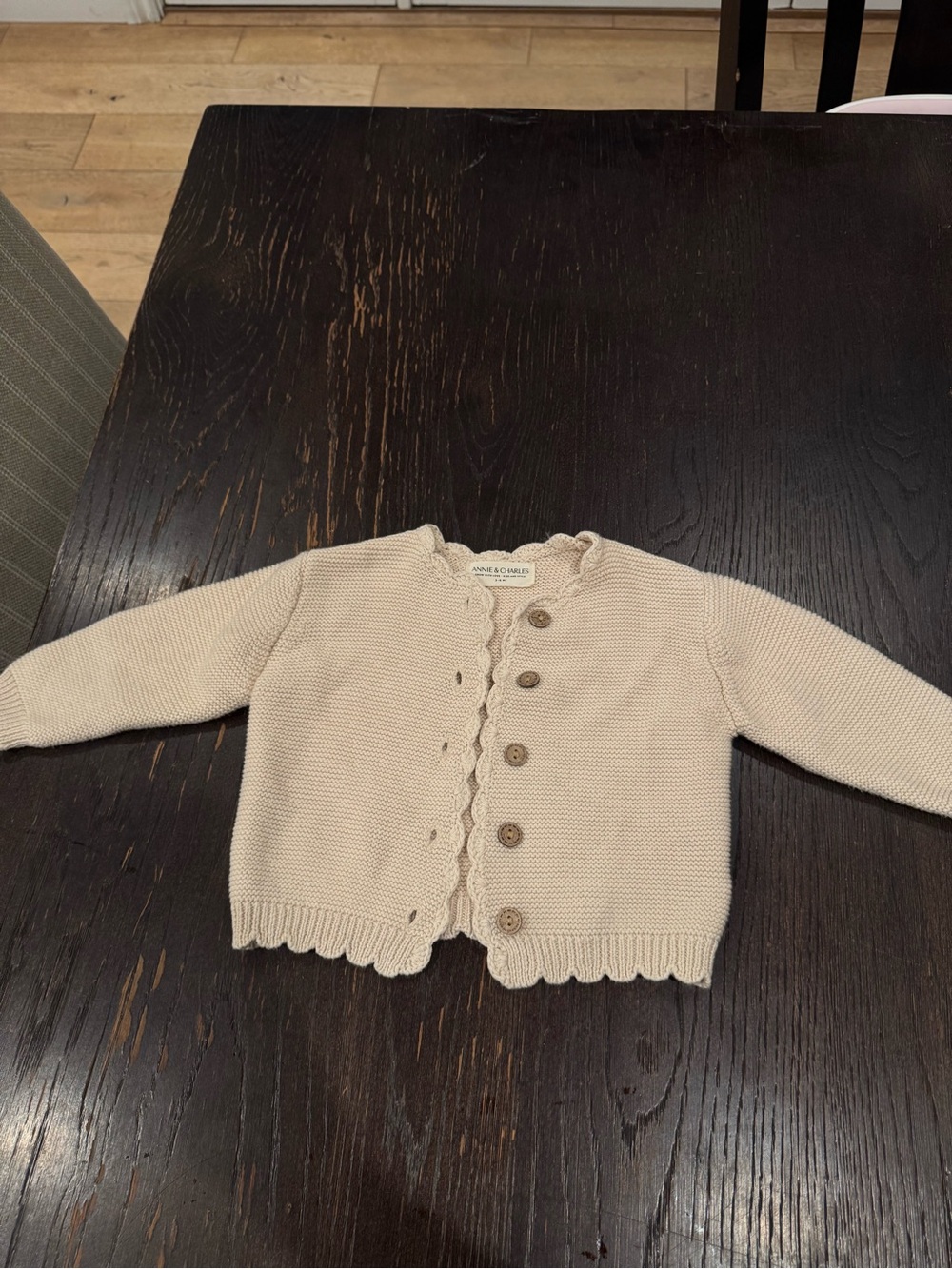 Baby Beige Knit Cardigan with Scallop Trim